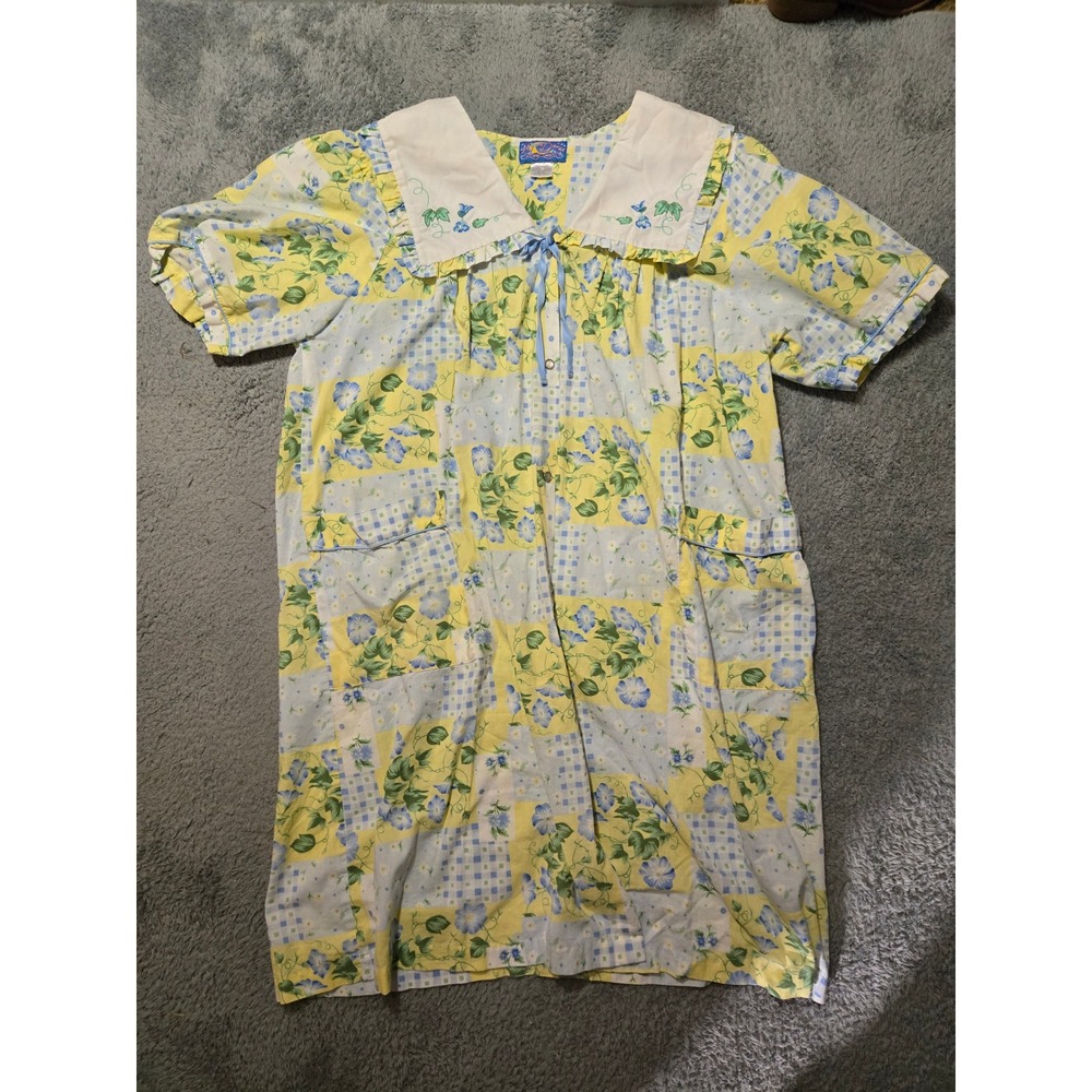 VTG 90s Moon Dance Womens XL Short Sleeve Floral House Coat Pearl Snaps Tradwife